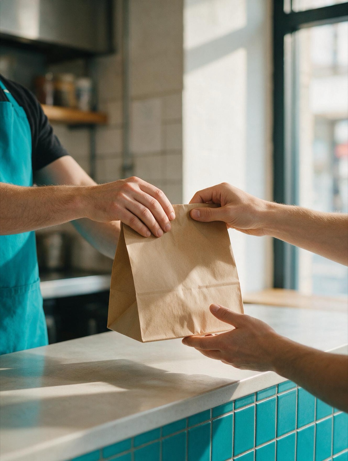 An independent takeaway owner handing a fresh order across the counter